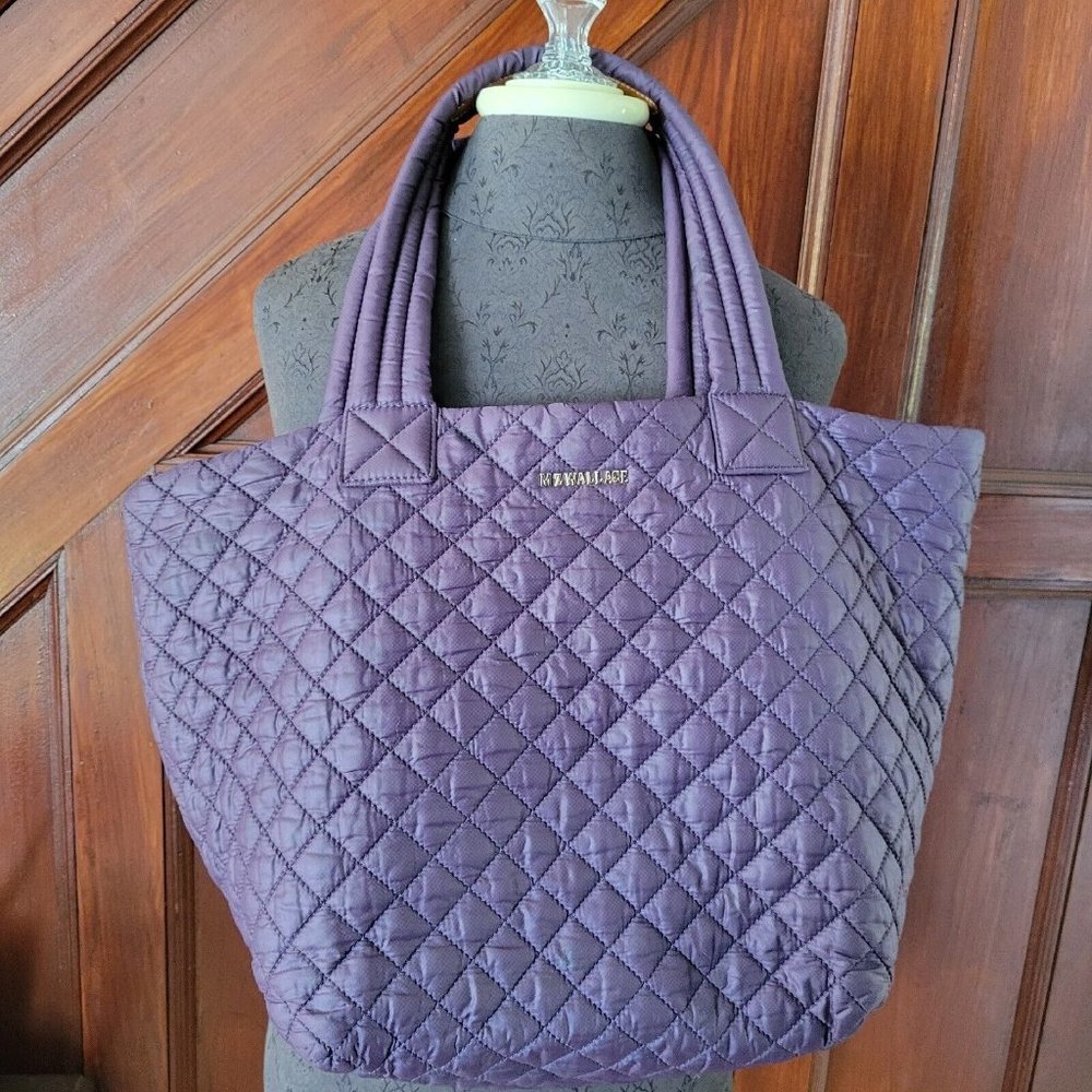 MZ Wallace medium metro tote quilted shoulder bag purse eggplant purple